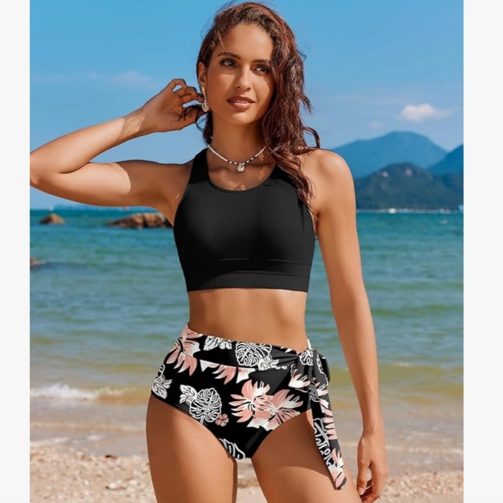 Womens High Waisted Bikini Set Tummy Control Bathing Suit Modest Racerback